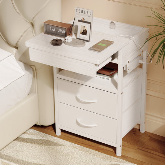 Bestco Nightstand with Sliding Top Modern End Table with Charging Station & 2 Drawers Black