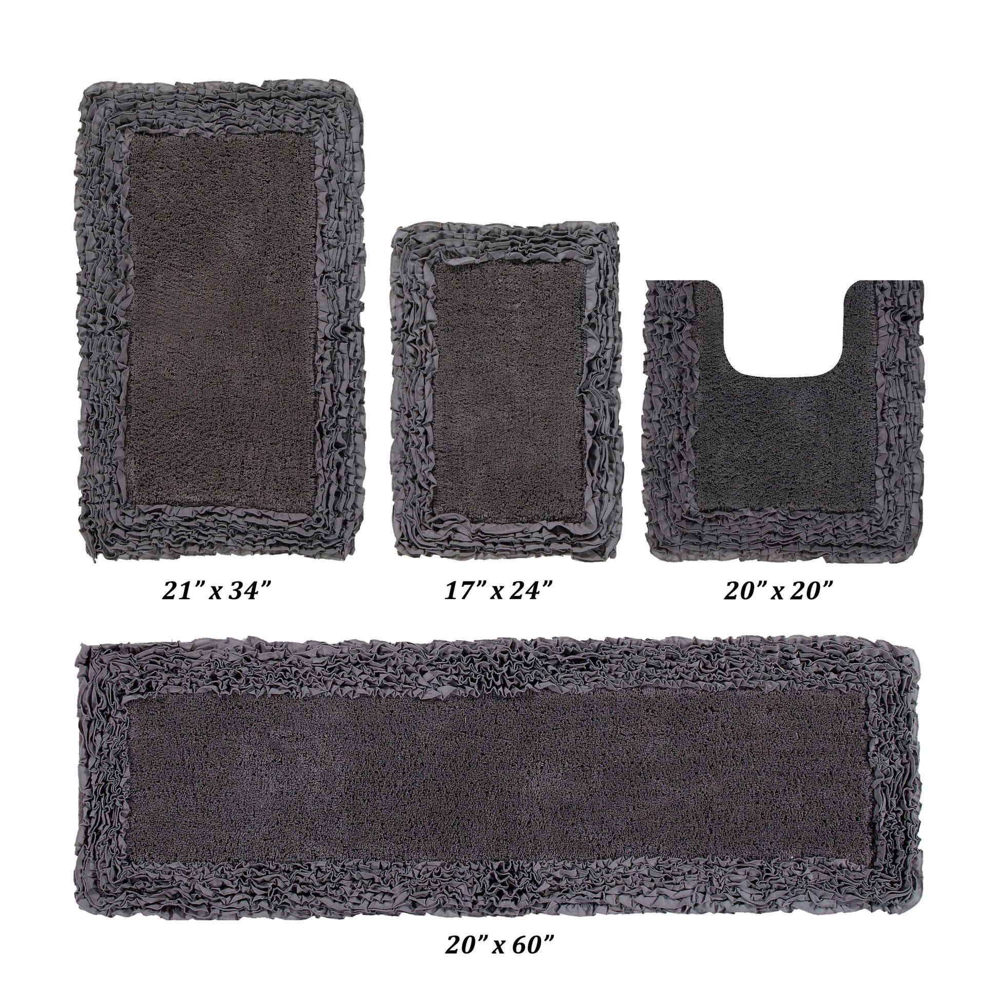 Better Trends 4 Piece Bathroom Rug Set 100% Cotton, Extra Soft, Water Absorbent & Non Slip Bath Mat, Ruffle Border, (Gray) Shaggy Border Collection
