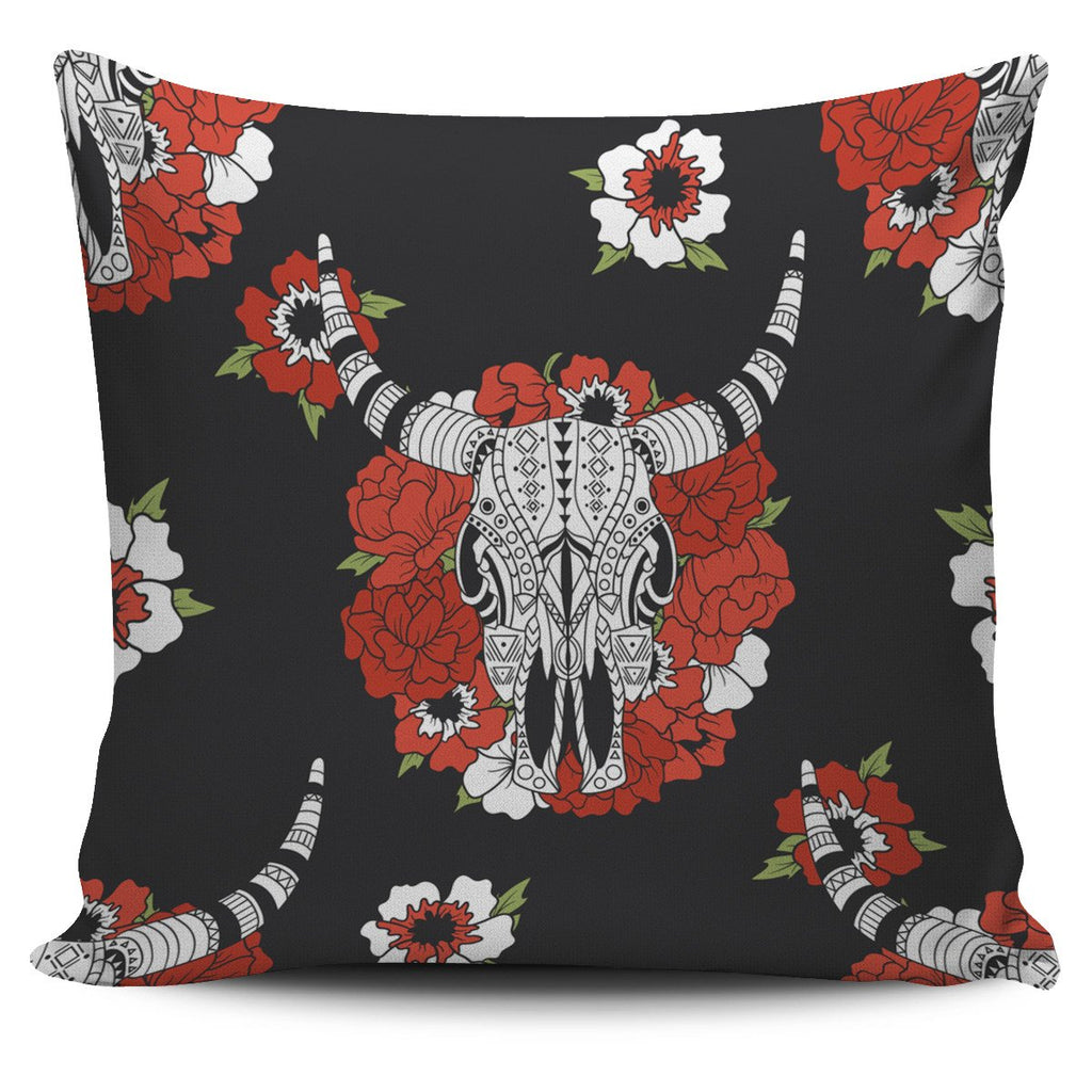 Bison And Red Flowers Native American Pillow Covers