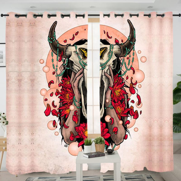 Bison Skull Head Pink Native American Living Room Curtain no link