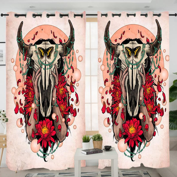 Bison Skull Head Pink Native American Living Room Curtain no link
