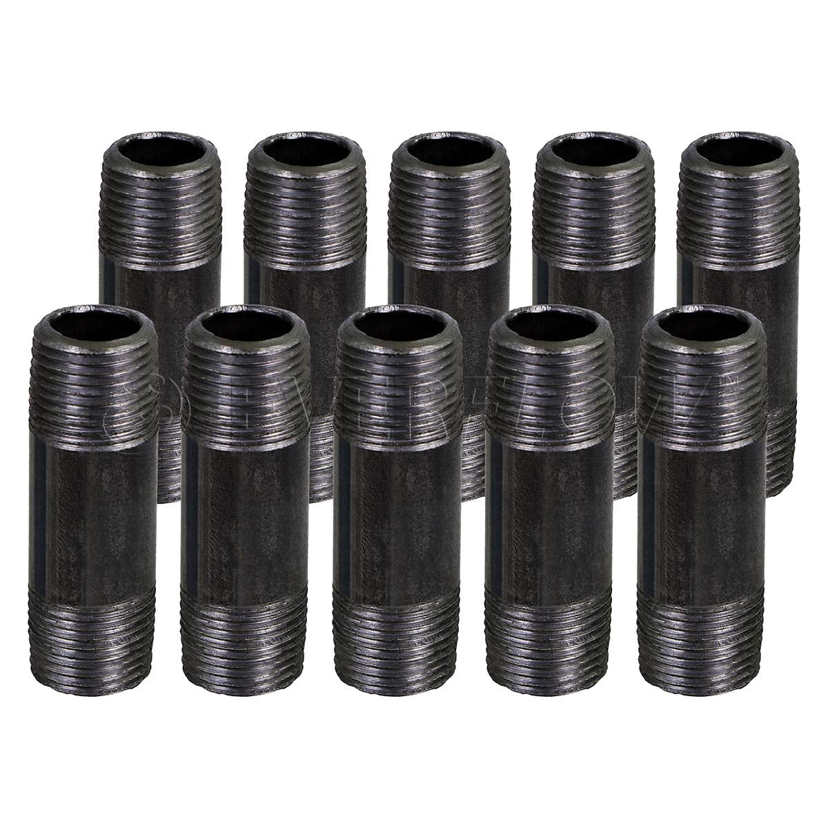 Black Steel Nipple Pipe, Threaded Pre Cut Pipe Connectors, 3/8 in x 6 in (Pack Of 10)