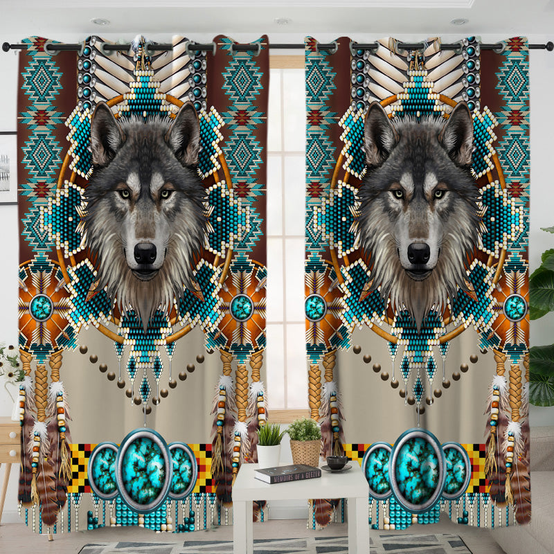 Blue Mandala Wolf Living Room Curtain