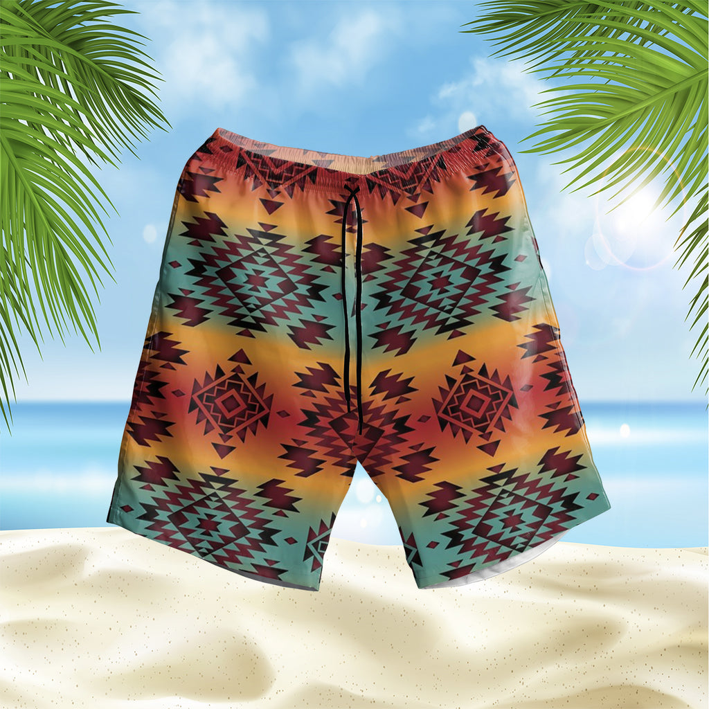Blue Orange Pattern Hawaiian Shorts