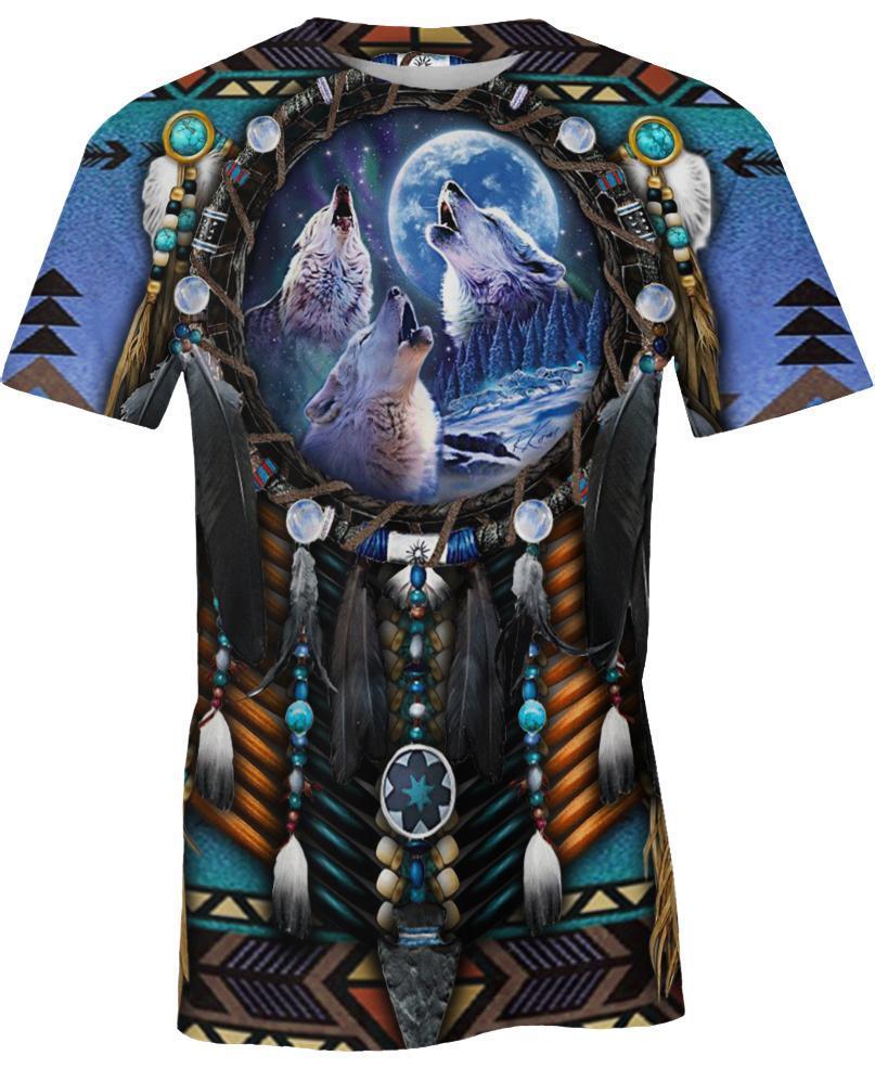 Blue Wolf Dreamcatcher, 3D T Shirt, All Over Print T Shirt, Native American