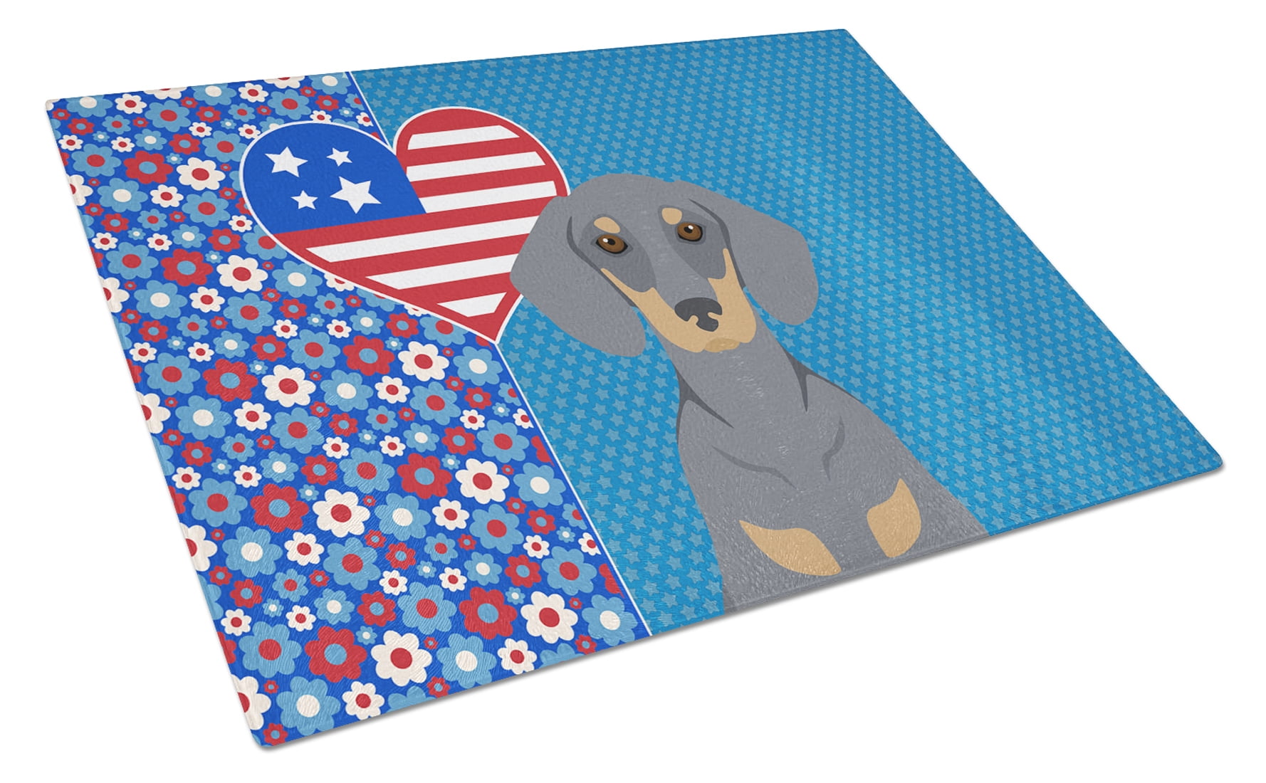 Blue and Tan Dachshund Glass Cutting Board Large 12 in x 15 in