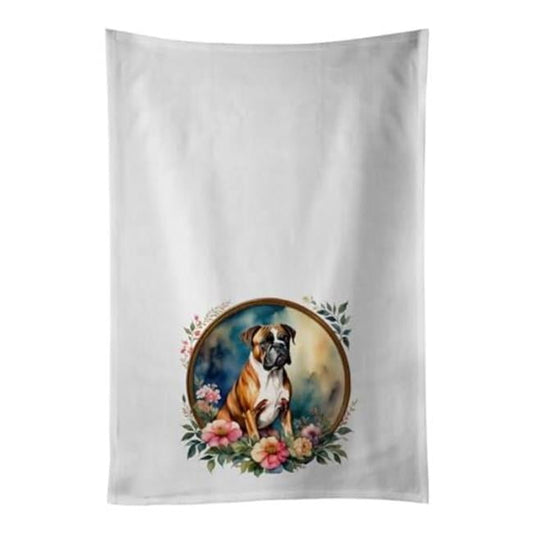 Boxer and Flowers Kitchen Towel Set of 2 White Dish Towels 19 in x 28 in
