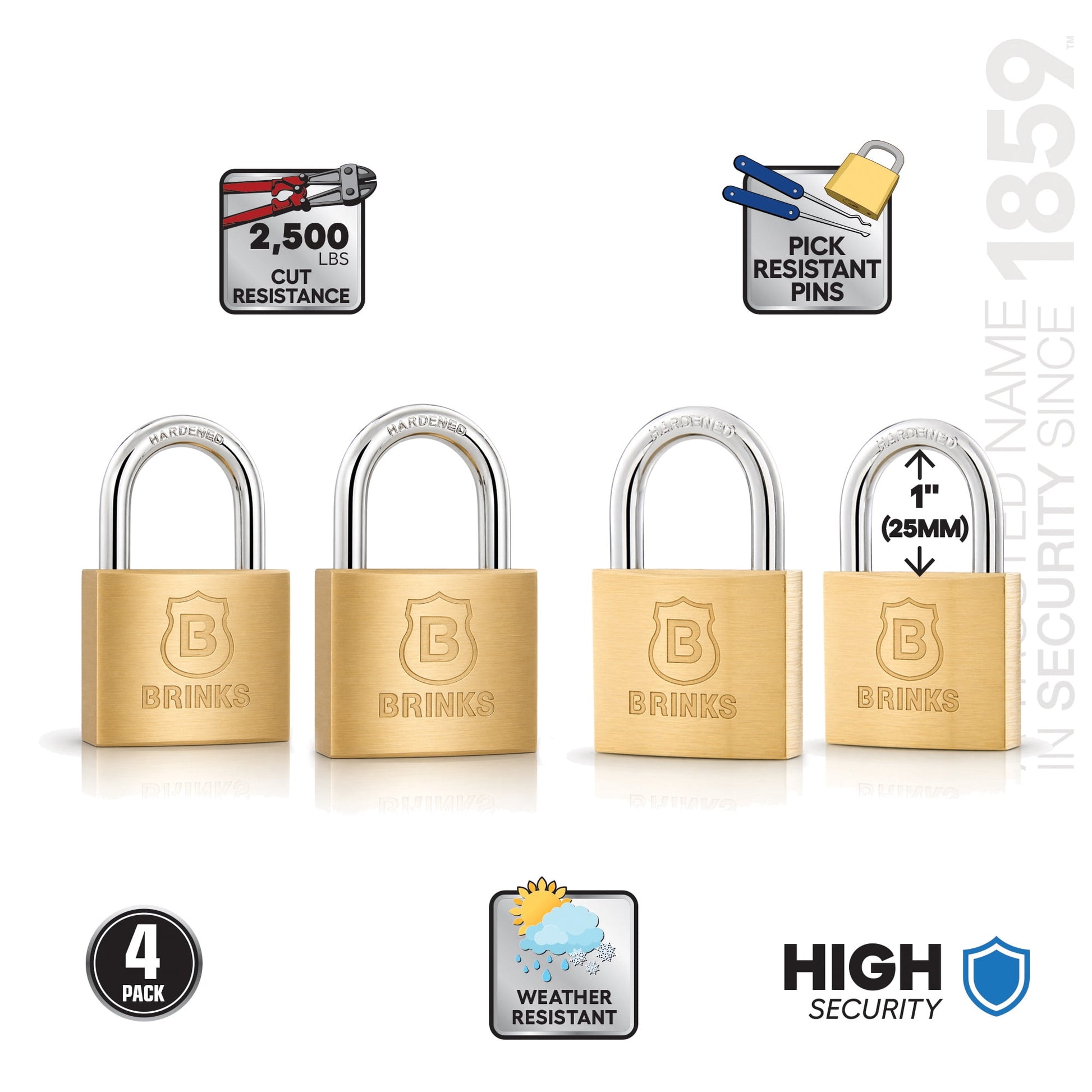 Brinks Solid Brass 40mm Keyed Padlock with 7/8in Shackle, 4 pack