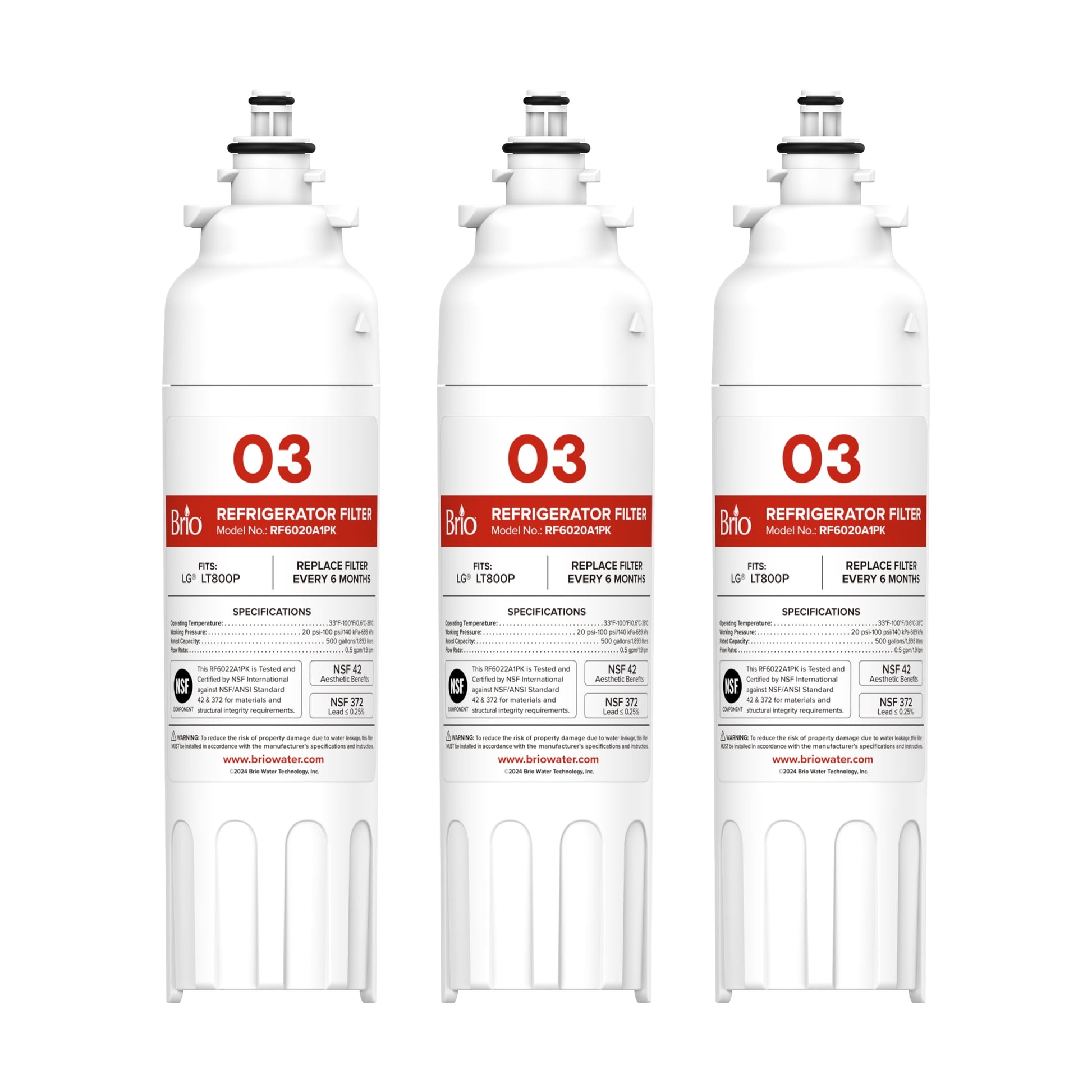 Brio 3-Pack Refrigerator Water Filter Replacement Compatible With LG LT800P Kenmore 46-9490