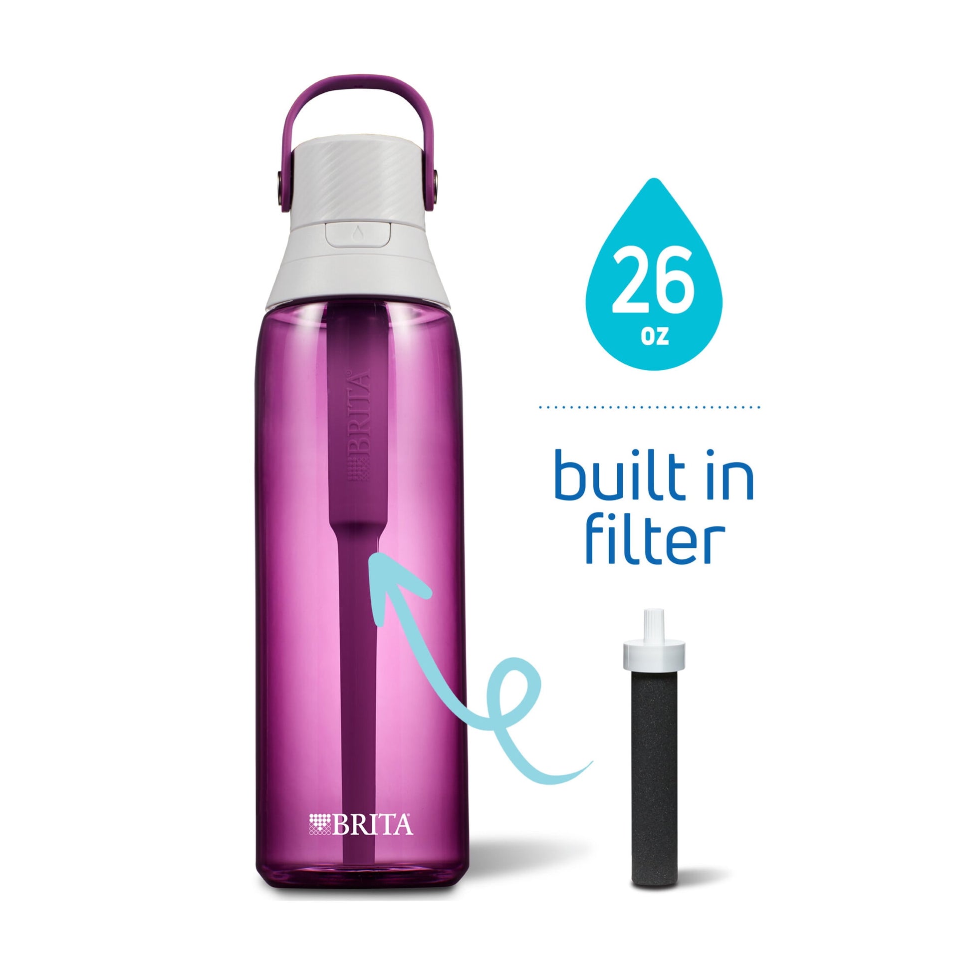 Brita 26 oz Orchid Plastic Filtered Water Bottle, Reduces Chlorine, Leak Proof with Straw