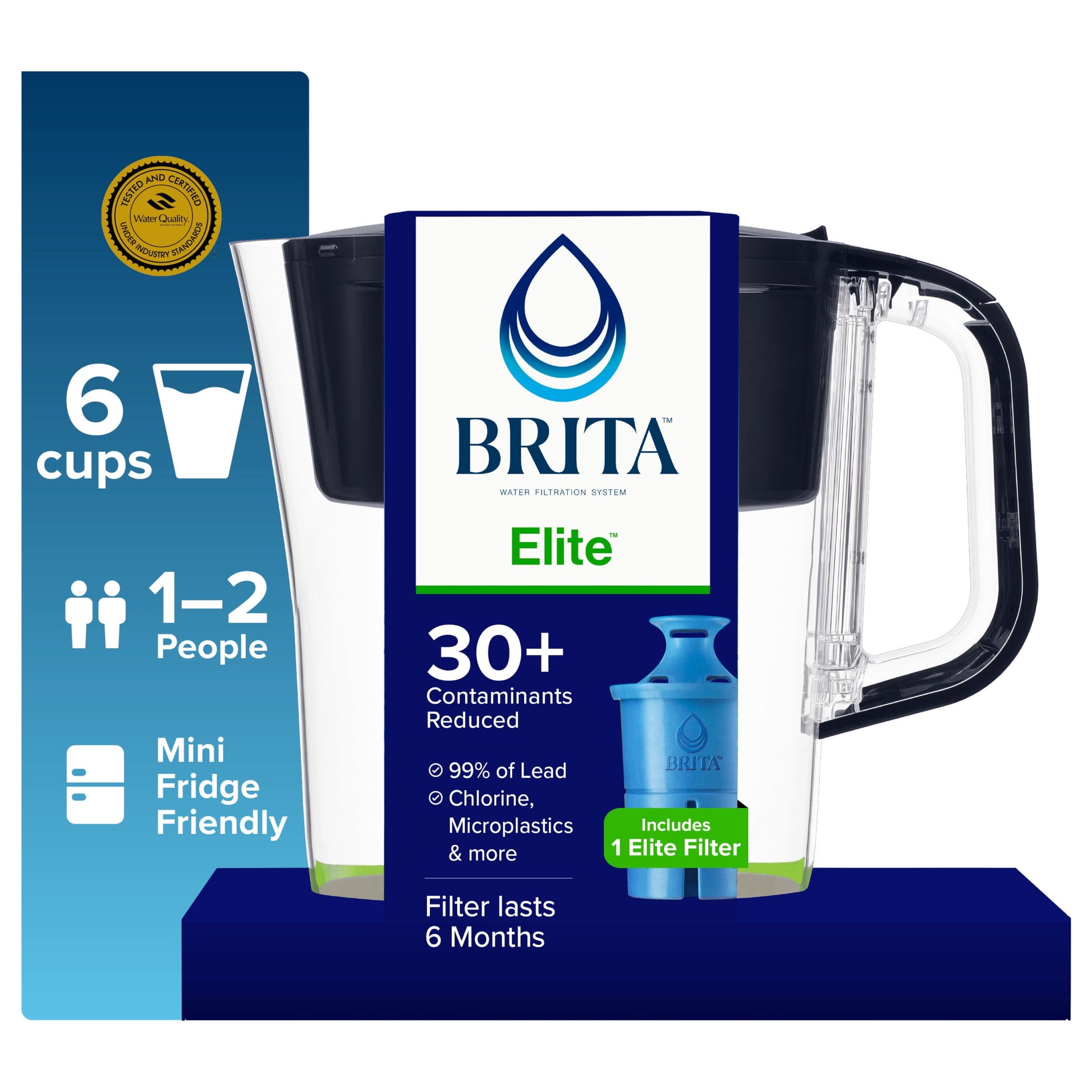 Brita Elite 6-Cup, Black Plastic Water Filtration Pitcher, Reduces Lead