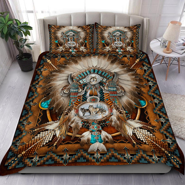 Brown Wolf DreamCatcher Native American Bedding Set NT-Bedding Set-029