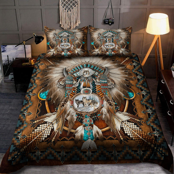 Brown Wolf DreamCatcher Native American Bedding Set NT-Bedding Set-029