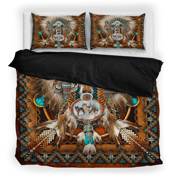 Brown Wolf DreamCatcher Native American Bedding Set NT-Bedding Set-029