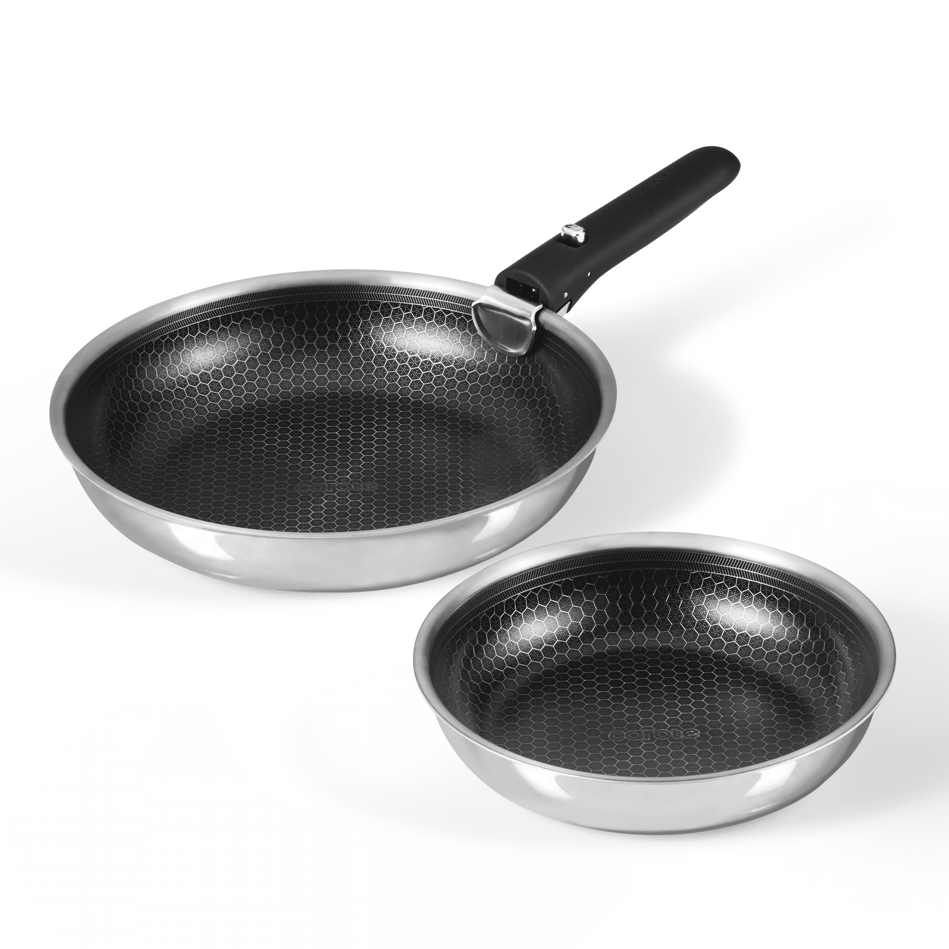Carote 3-Piece Stainless Steel Frying Pan Set with Detachable Handle, Ceramic Hybrid Nonstick, Oven/Dishwasher Safe, Easy Stacking, Black