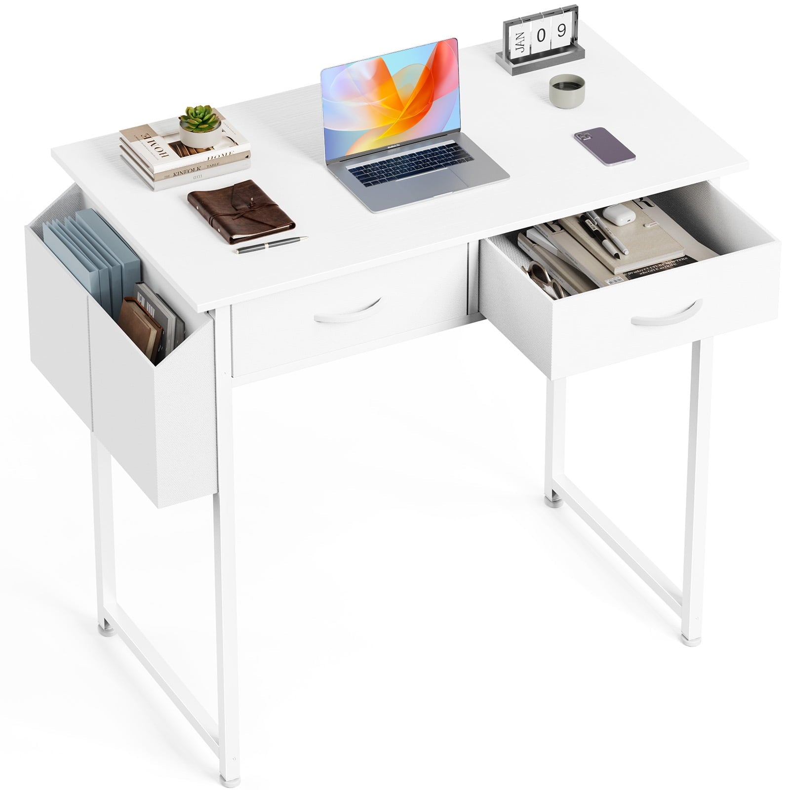 CONCETTA 32 inch Small Computer Desk with Fabric Drawers & Storage Bag Iron Hook for Bedroom, White