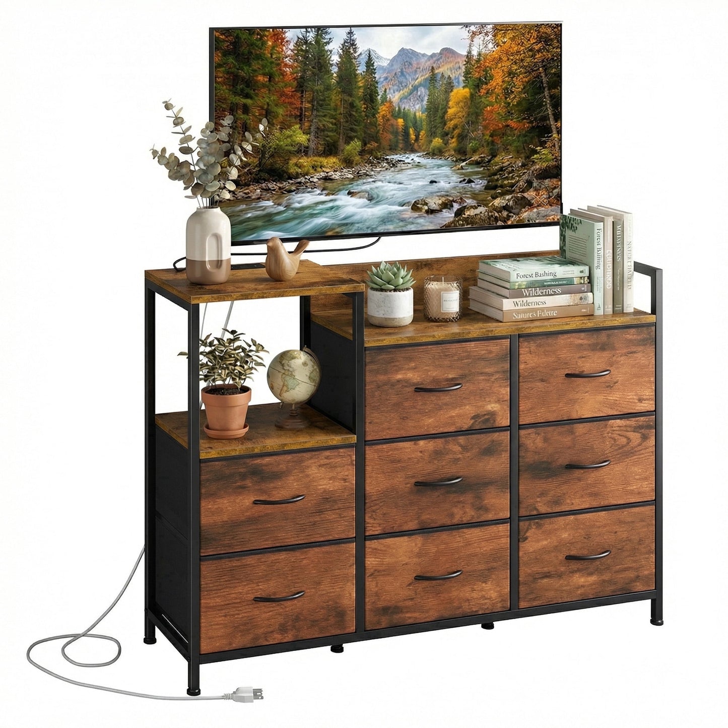 CONCETTA 8-Drawer Dresser TV Stand for Bedroom with Charging Station, Teen/Adult Fabric Storage with Open Shelves, Rust