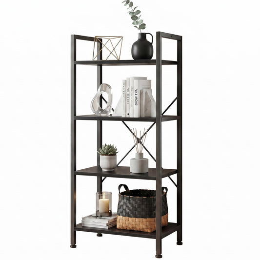 CONCETTA Bookshelf, 4-Tier Small Industrial Storage Shelf & Shelves, Metal Bookcase for Home Office, Living Room, Black