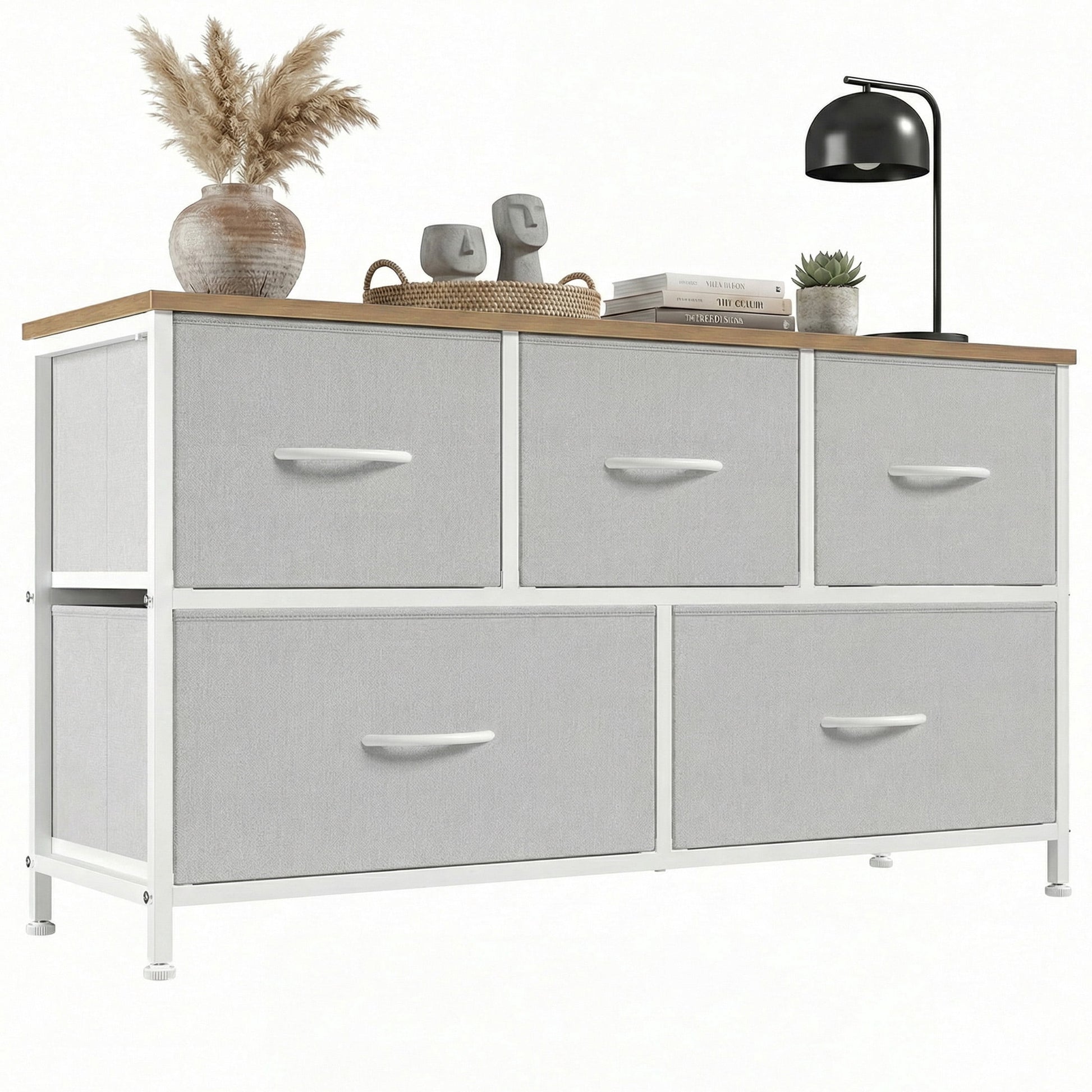 CONCETTA Dresser 5 Fabric Storage Drawer Dresser, TV Stand, Chest of Drawers for Bedroom, Closet, Entryway, Living Room, Light Gray