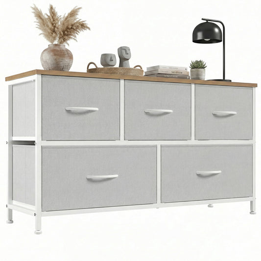 CONCETTA Dresser 5 Fabric Storage Drawer Dresser, TV Stand, Chest of Drawers for Bedroom, Closet, Entryway, Living Room, Light Gray