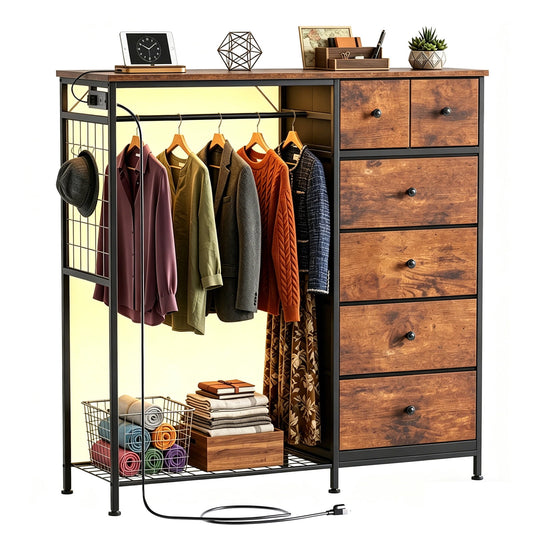 CONCETTA Dresser for Bedroom with Hanging Rack 6 Drawers Dresser, LED Lights & Charging Station, Wooden Top, Grid Panel, Rust Brown