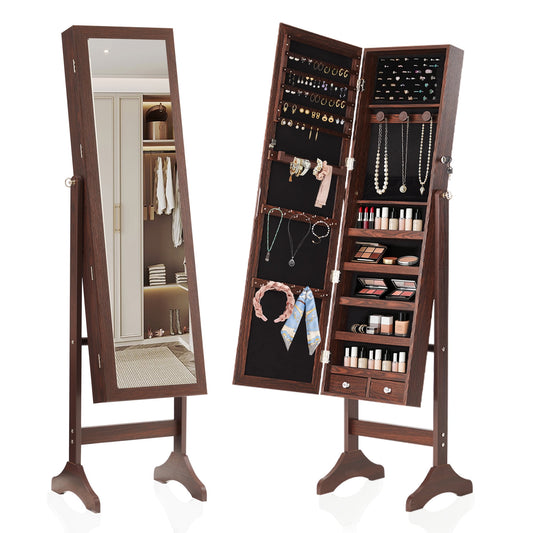 CONCETTA Freestanding Full Length Mirror Jewelry Cabinet with Makeup Storage, 3-Angle Adjustable Jewelry Armoire Organizer,Brown