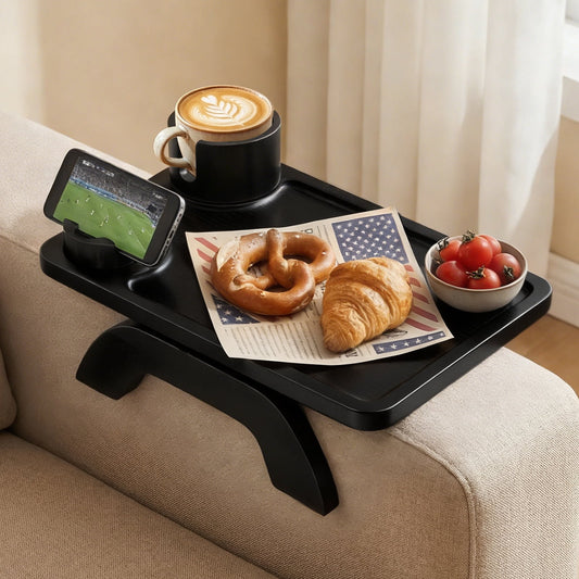 CONCETTA 3-in-1 Sofa Arm Tray Table with Swivel Cup Holder & Phone Stand, Clip-on Couch Organizer for Home Living Room, Black