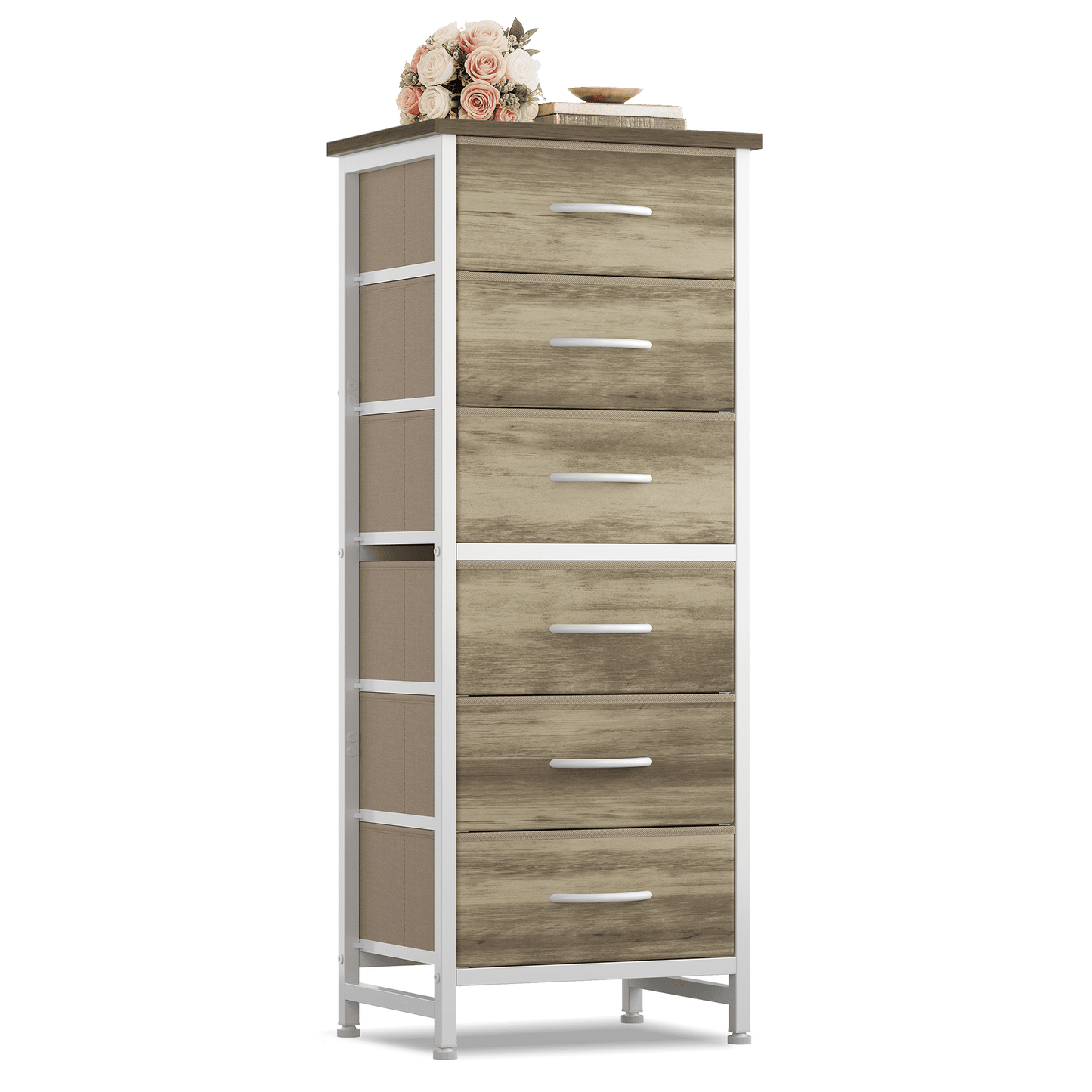 CONCETTA Tall Storage Dresser with 6 Fabric Drawers, Metal Frame with Cross Support Rods, Anti-Tip, Wood Top for Bedrooms, Offices and Compact Spaces, Oak