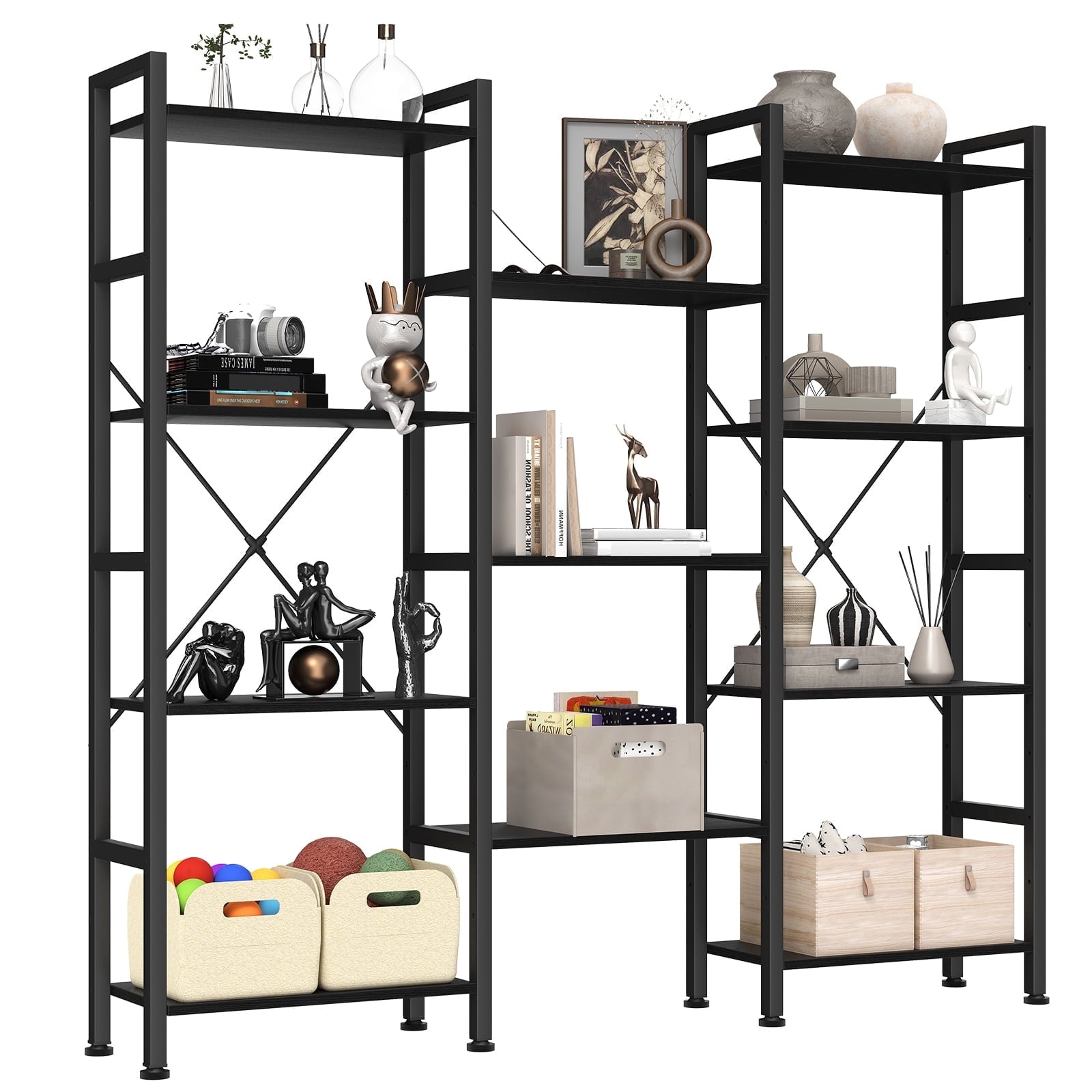 CONCETTA Triple 4-Tier Bookshelf with 11 Open Display Shelves, Adjustable Storage Bookcase for Home & Office, Sturdy Steel Frame and Wood Construction, Anti-Tip and Adjustable Feet, Black