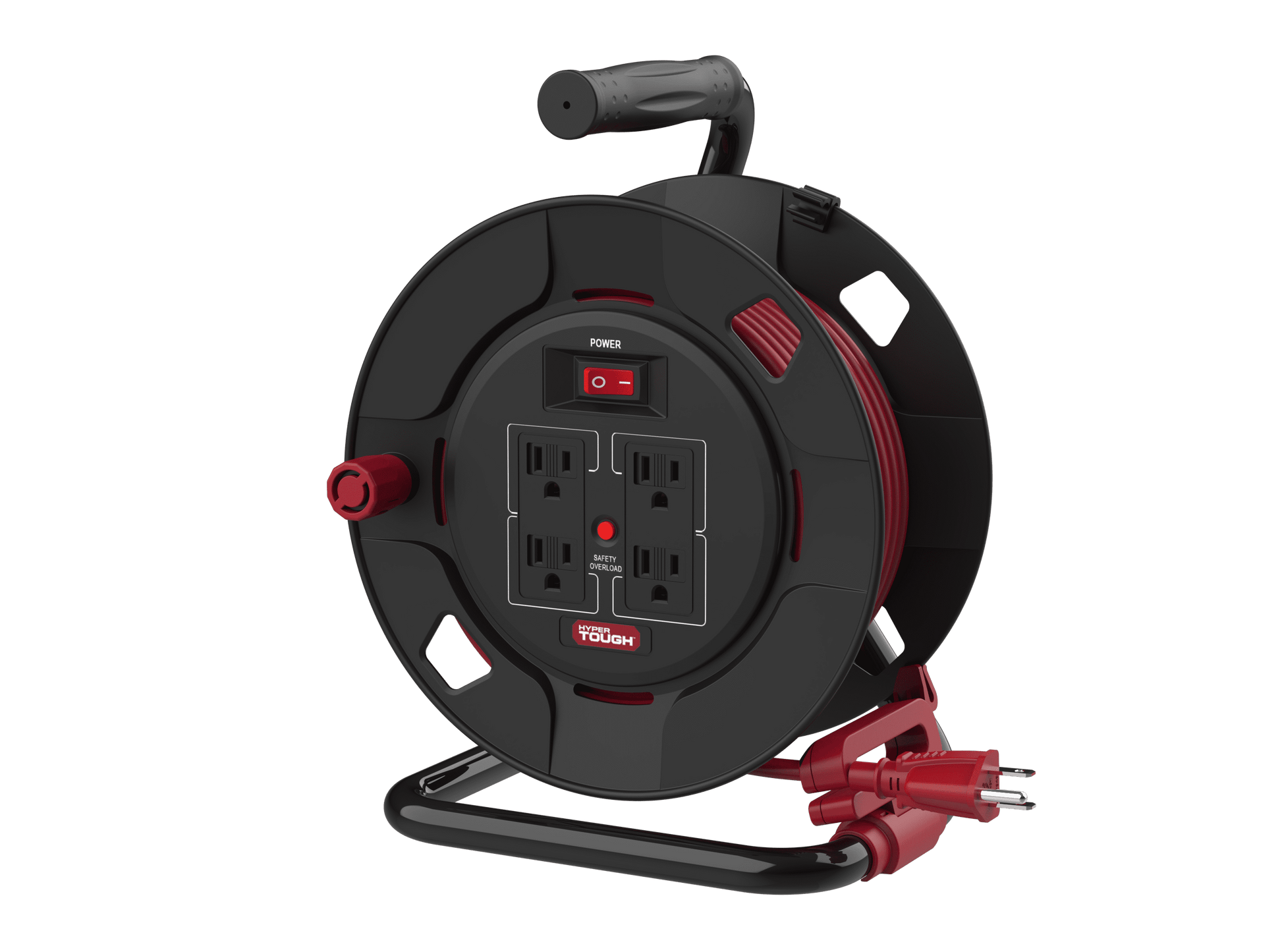 Hyper Tough Cord Reel 50ft. 4 Power Outlets â€“ Heavy Duty 14 AWG SJTW Cable Black and Red Color, Material: PP, PVC, Copper