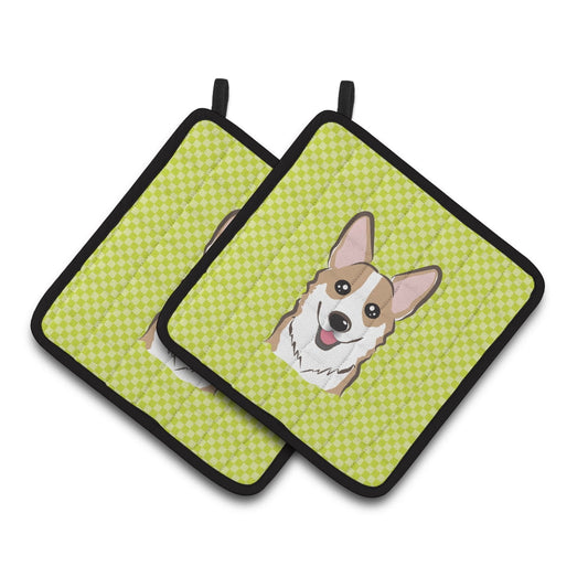 Caroline's Treasures BB1315PTHD Checkerboard Lime Green Corgi Pair of Pot Holders , 7.5HX7.5W, multicolor