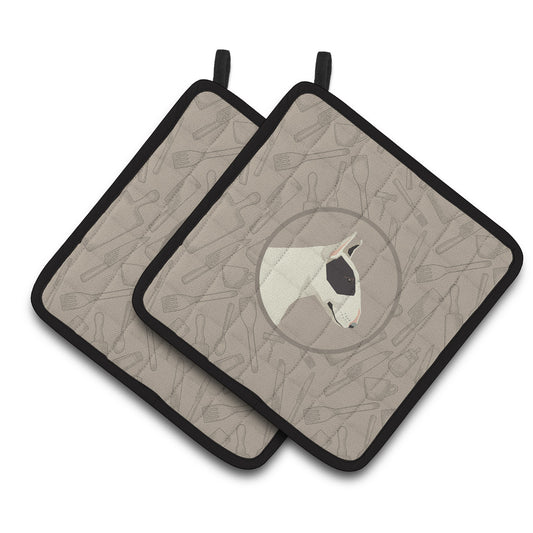 Caroline's Treasures Black and White Bull Terrier In the Kitchen Pair of Pot Holders