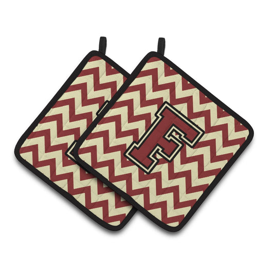 Caroline's Treasures CJ1061-FPTHD Letter F Chevron Maroon and Gold Pair of Pot Holders, 7.5HX7.5W, multicolor