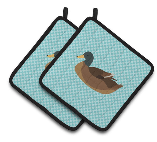 Caroline's Treasures Khaki Campbell Duck Blue Check Pair of Pot Holders