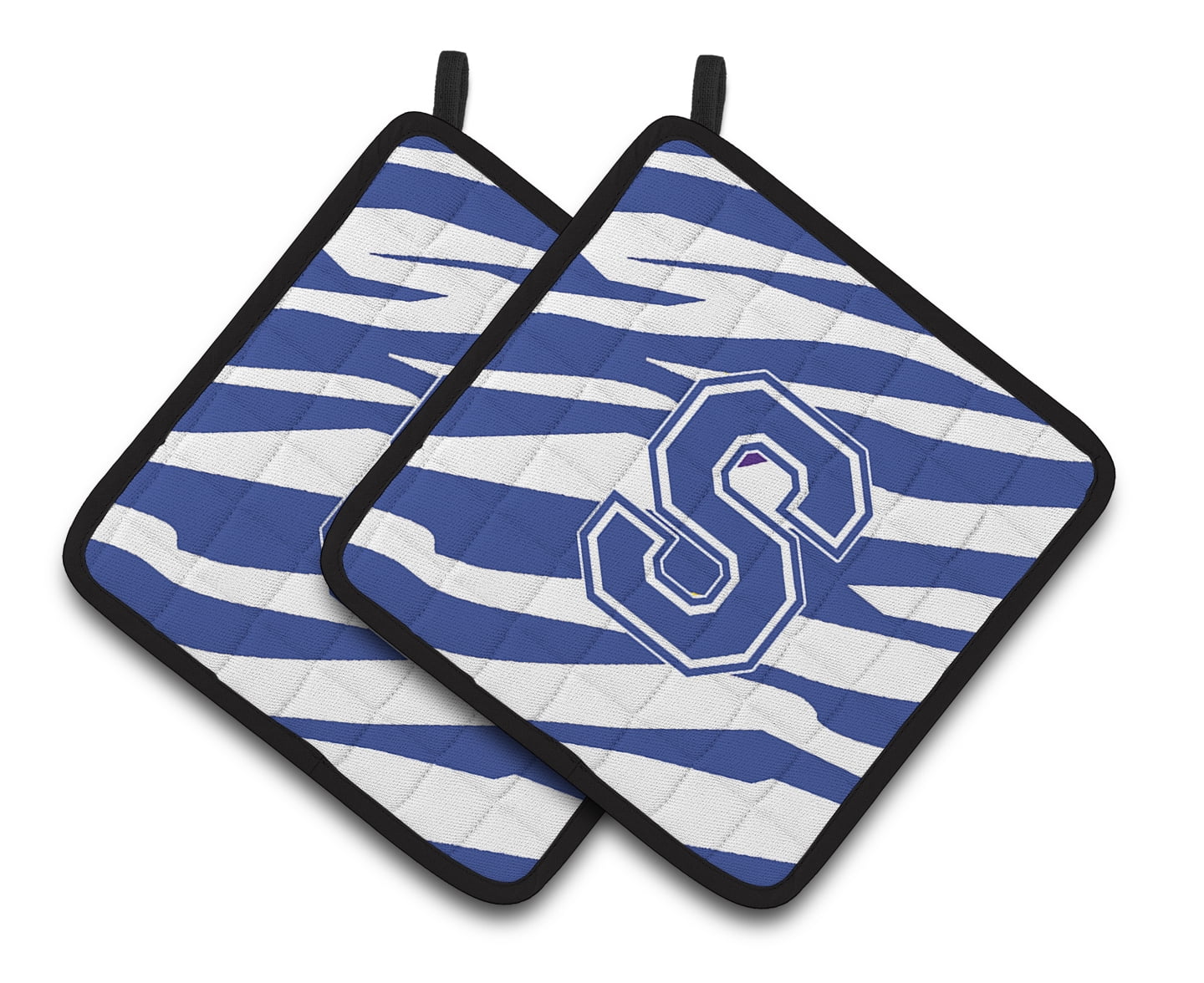 Caroline's Treasures Monogram Initial S Tiger Stripe Blue and White Pair of Pot Holders