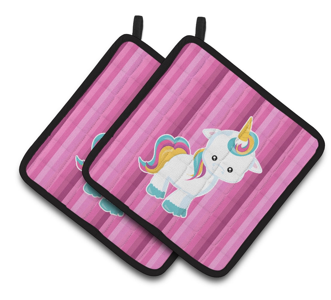 Caroline's Treasures Pink Stripes Unicorn Pair of Pot Holders