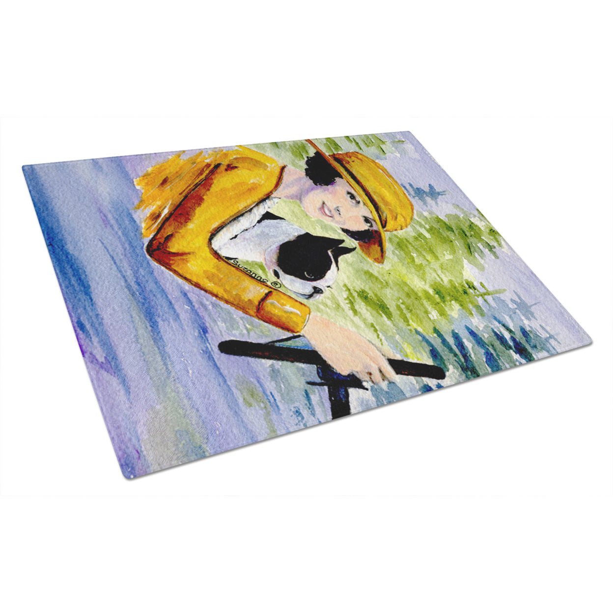 Caroline's Treasures Woman driving with her Boston Terrier Glass Cutting Board Large