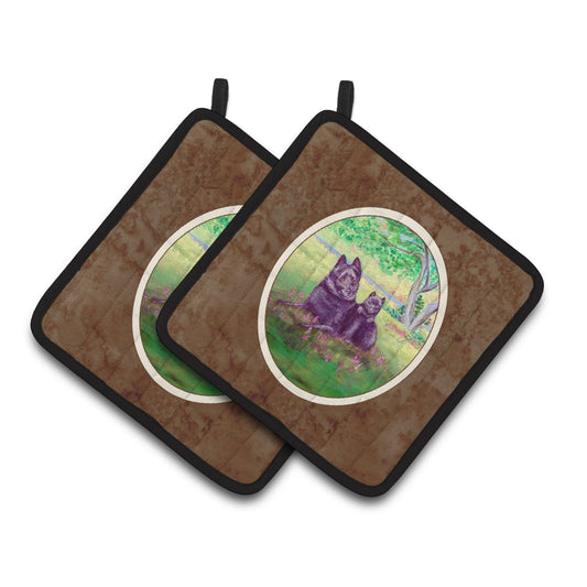 Schipperke and puppy Pair of Pot Holders