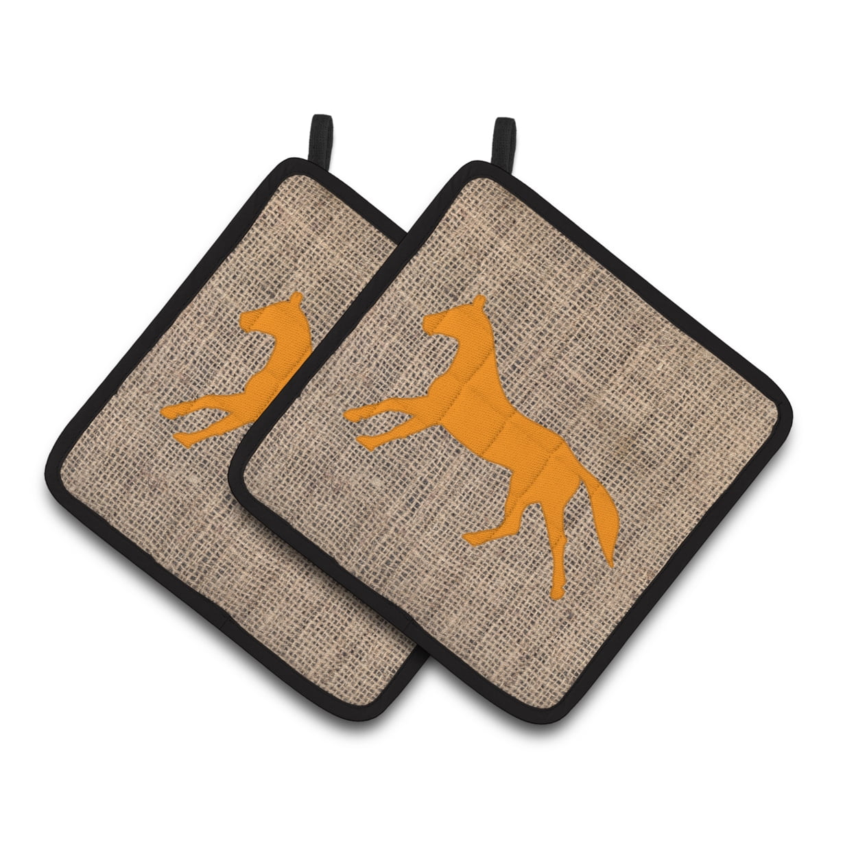 Carolines Treasures BB1003-BL-OR-PTHD Horse Faux Burlap and Orange Pair of Pot Holders , 7.5HX7.5W, multicolor