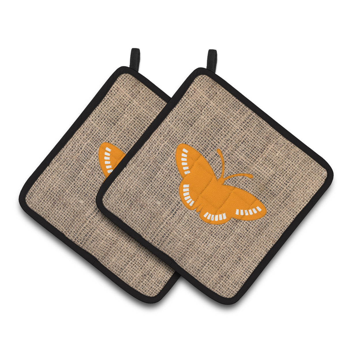Carolines Treasures BB1031-BL-OR-PTHD Butterfly Faux Burlap and Orange   Pair of Pot Holders  7.5HX7.5W multicolor