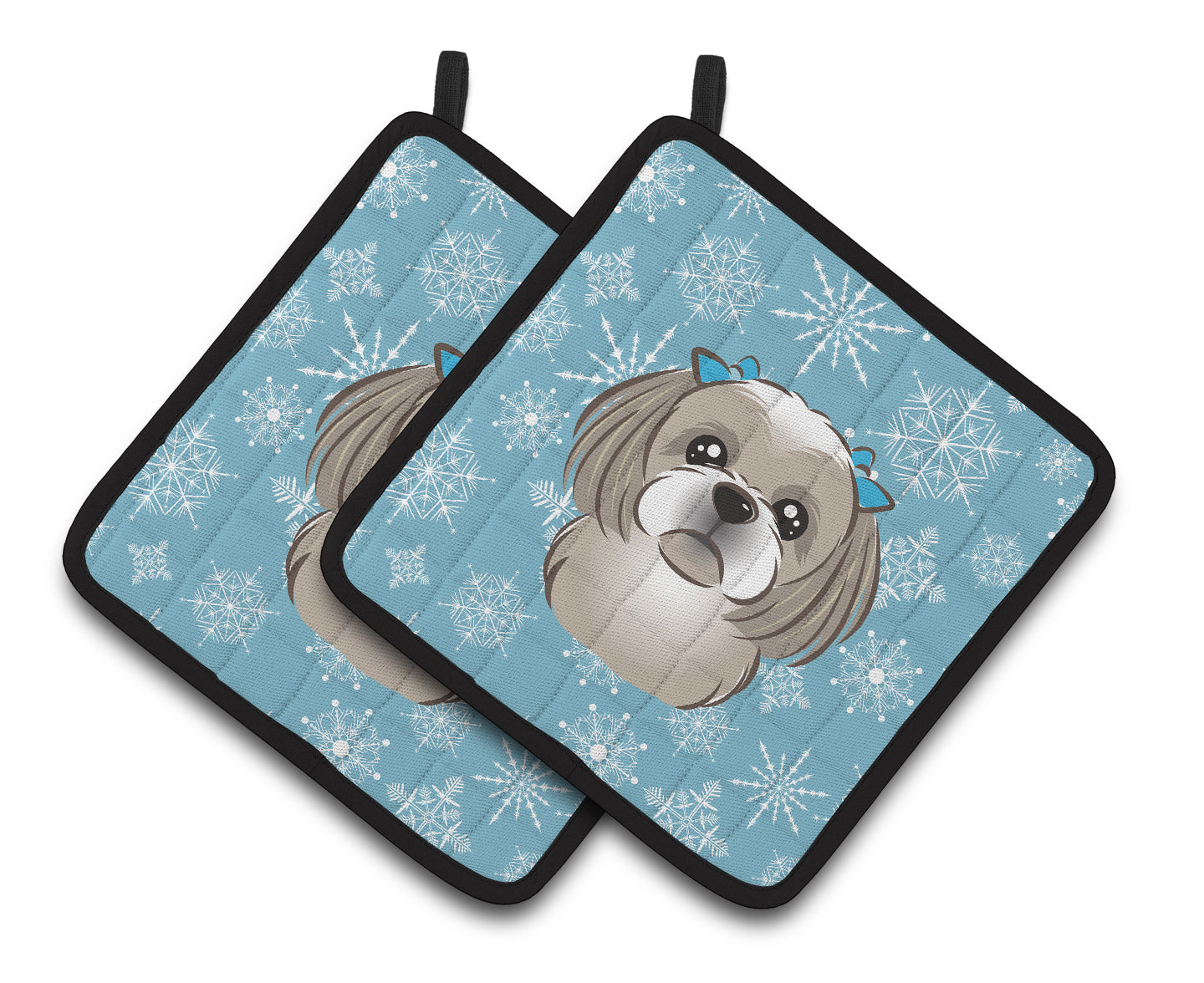 Snowflake Gray Silver Shih Tzu Pair of Pot Holders