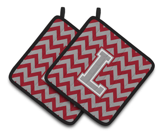 Letter L Chevron Crimson and Grey Pair of Pot Holders
