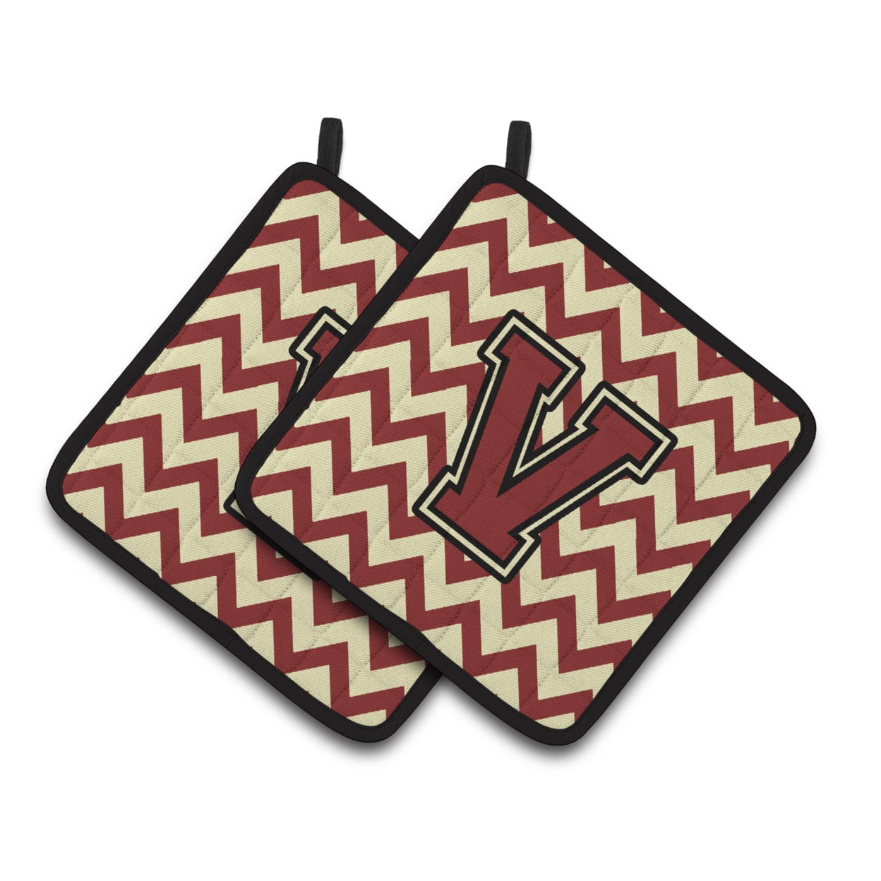 Carolines Treasures CJ1061-VPTHD Letter V Chevron Maroon and Gold Pair of Pot Holders, 7.5HX7.5W, multicolor