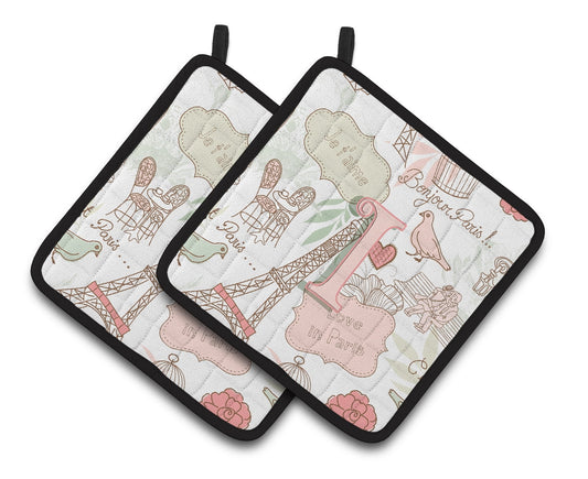 Carolines Treasures CJ2002-IPTHD Letter I Love in Paris Pink Pair of Pot Holders, 7.5 x 3 x 7.5 in.