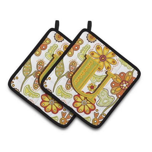 Letter U Floral Mustard and Green Pair of Pot Holders