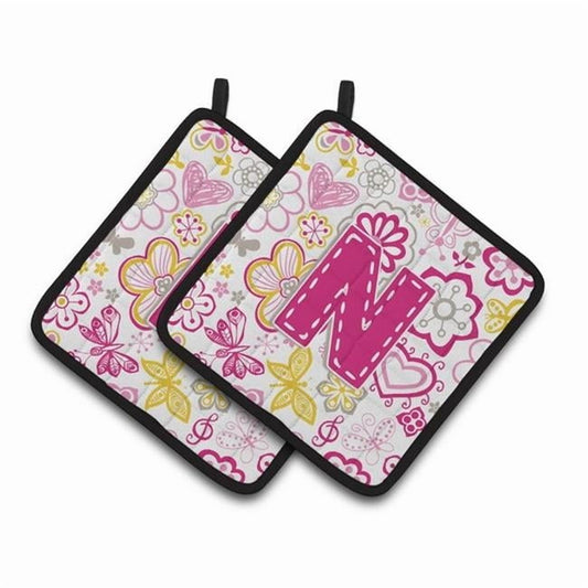 Carolines Treasures CJ2005-NPTHD Letter N Flowers & Butterflies Pink Pair of Pot Holders, 7.5 x 3 x 7.5 in.
