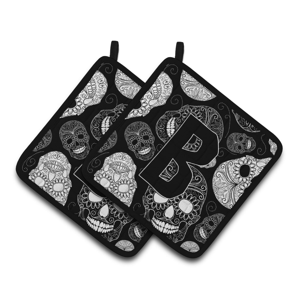 Carolines Treasures CJ2008-BPTHD Letter B Day of the Dead Skulls Black Pair of Pot Holders, 7.5HX7.5W, multicolor