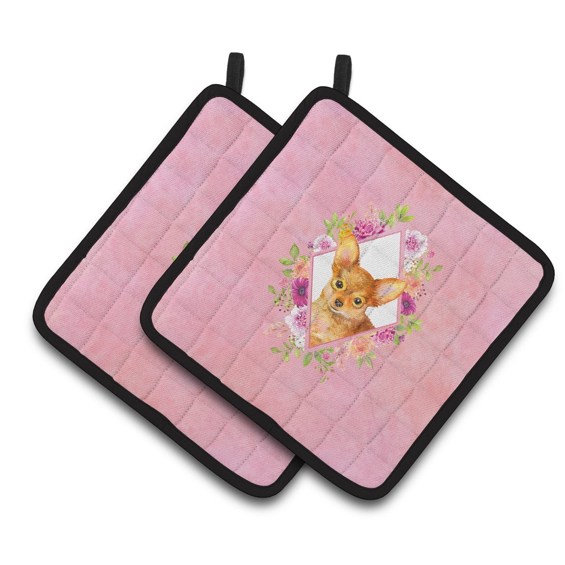 Toy Terrier Pink Flowers Pair of Pot Holders