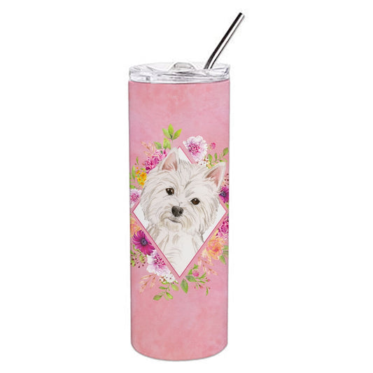 Carolines Treasures CK4203TBL20 Westie  Pink Flowers Stainless Steel 20 oz Skinny Tumbler 20 oz multicolor
