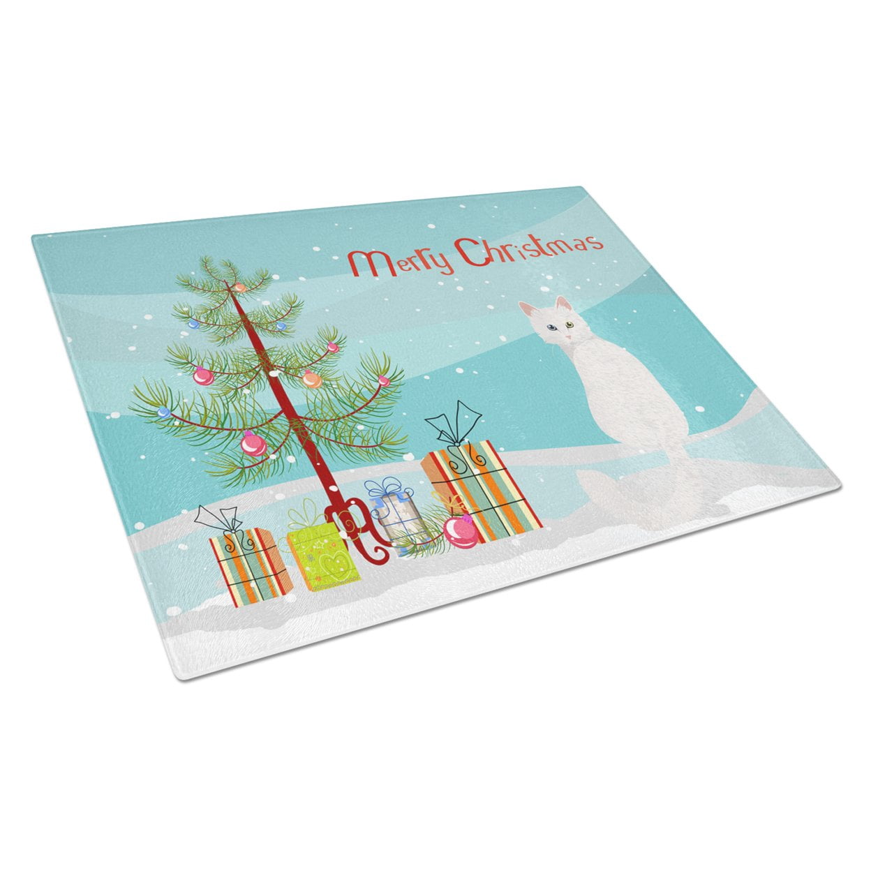 Carolines Treasures CK4807LCB Turkish Angora Cat Merry Christmas Glass Cutting Board Large, 12H x 16W, multicolor